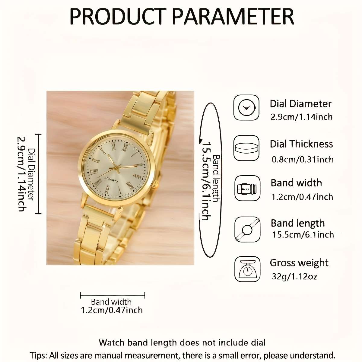 4Pcs Minimalist Roman Numeral Quartz Watch Bracelet Combo Model Golden