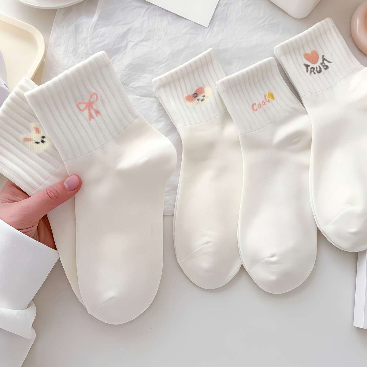 Women S Socks Items Pure White Cartoon 5 Pairs Pack