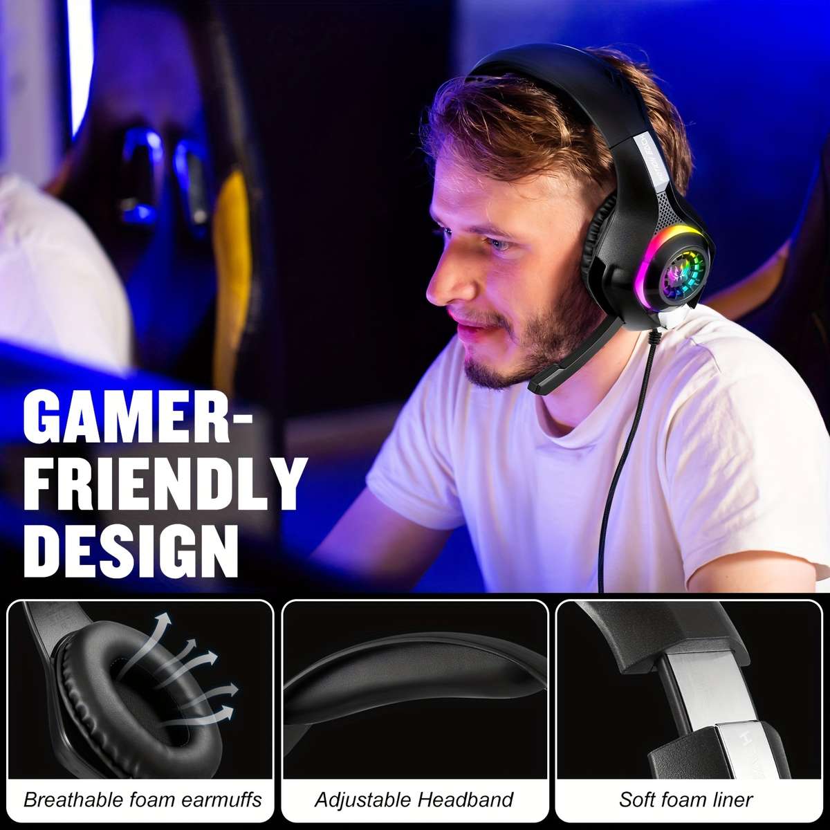 Wired Headphones Black Rgb Light