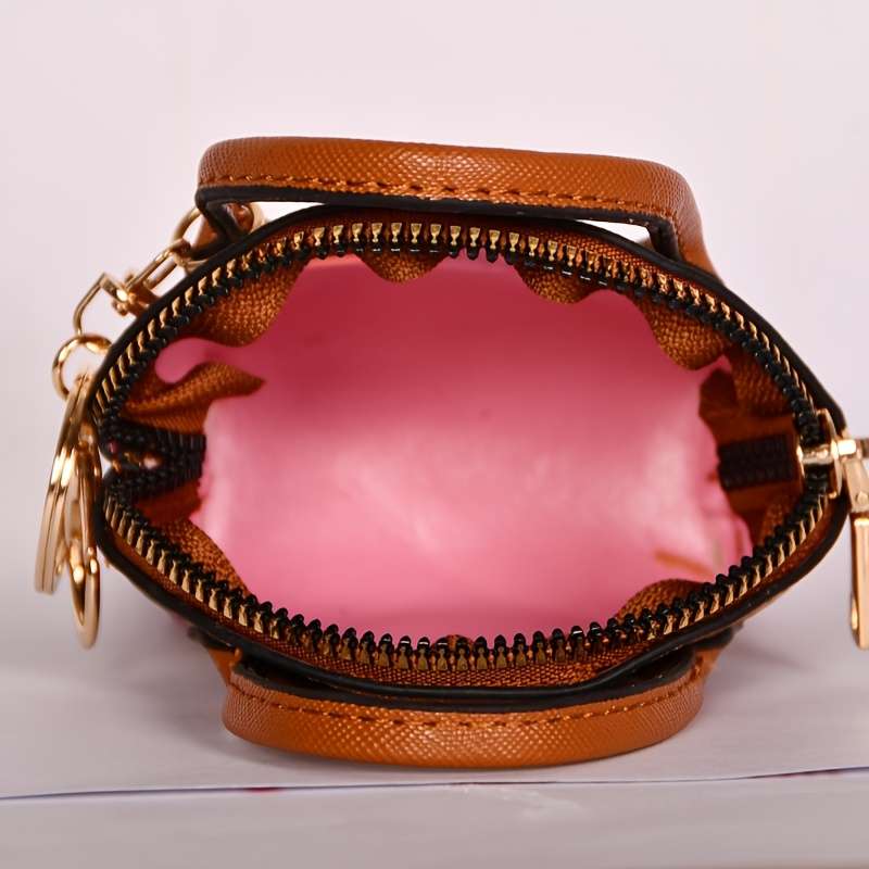 Chic Plaid Faux Leather Keychain Coin Walletfashionable Brown Black White Pattern With Gol
