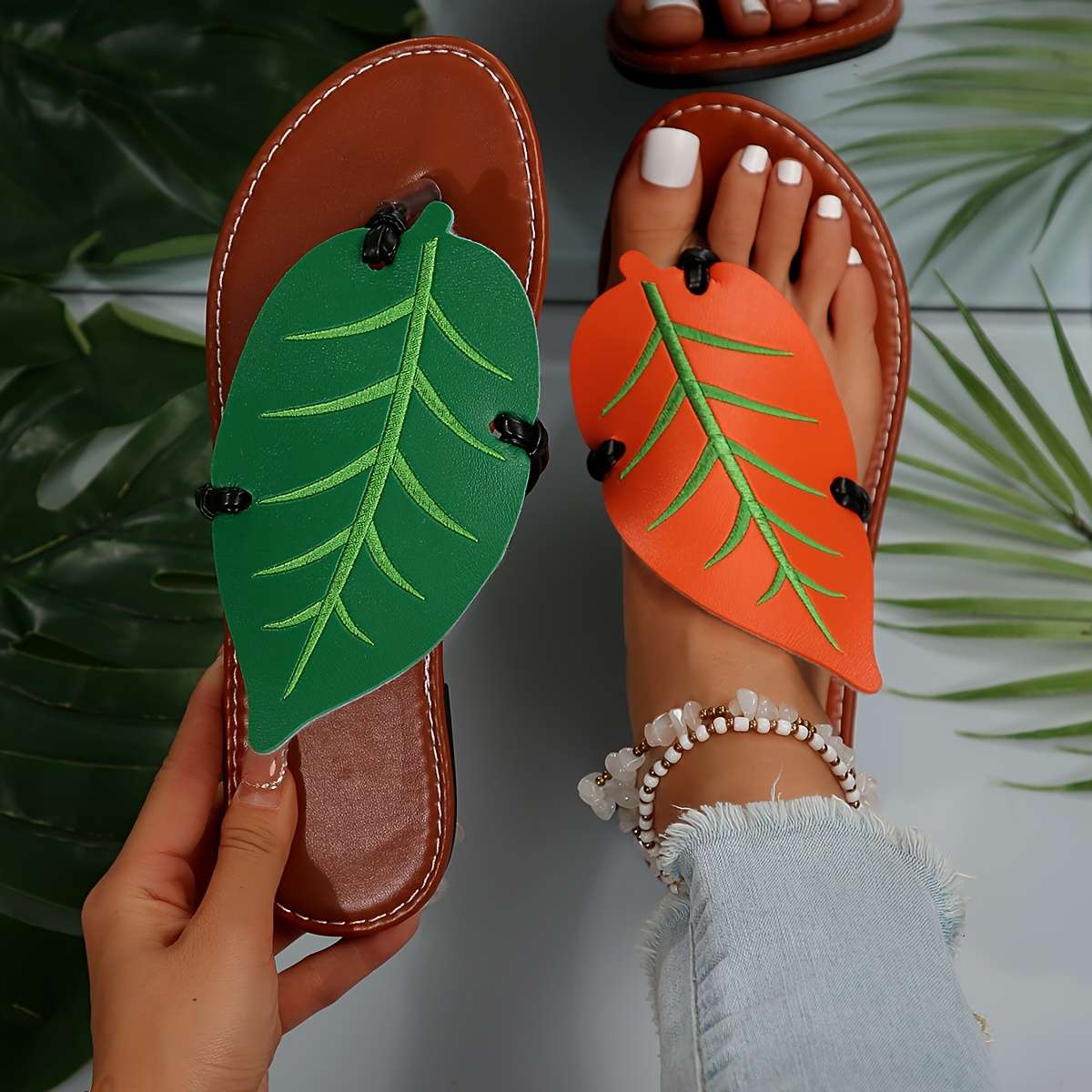 Ladies Summer Flip Flops Orange Green Uk 9