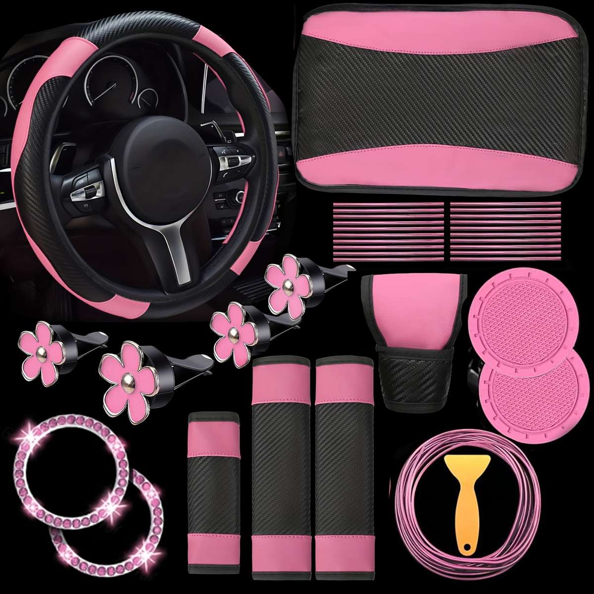 Car Steering Wheel Cover Pink 36Pcs