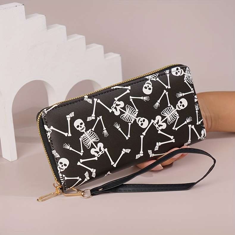 Edgy Chic Gothic Skull Print Womens Wallet Stylish Large Capacity Zipper Closure Multi-Ca
