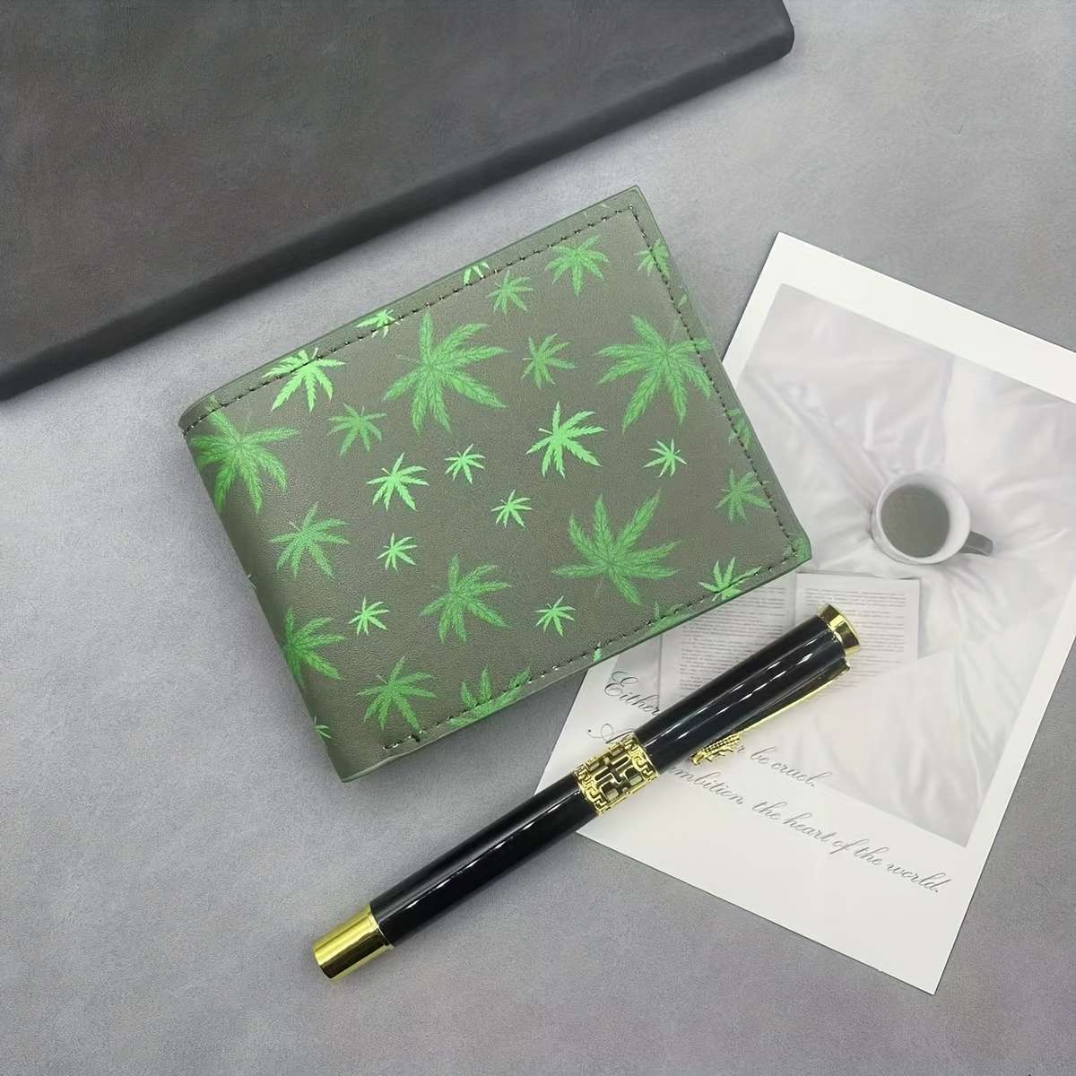 Men'S Stylish Faux Leather Wallet With Vibrant Leaf Printcompact Green Design Perfect Gift