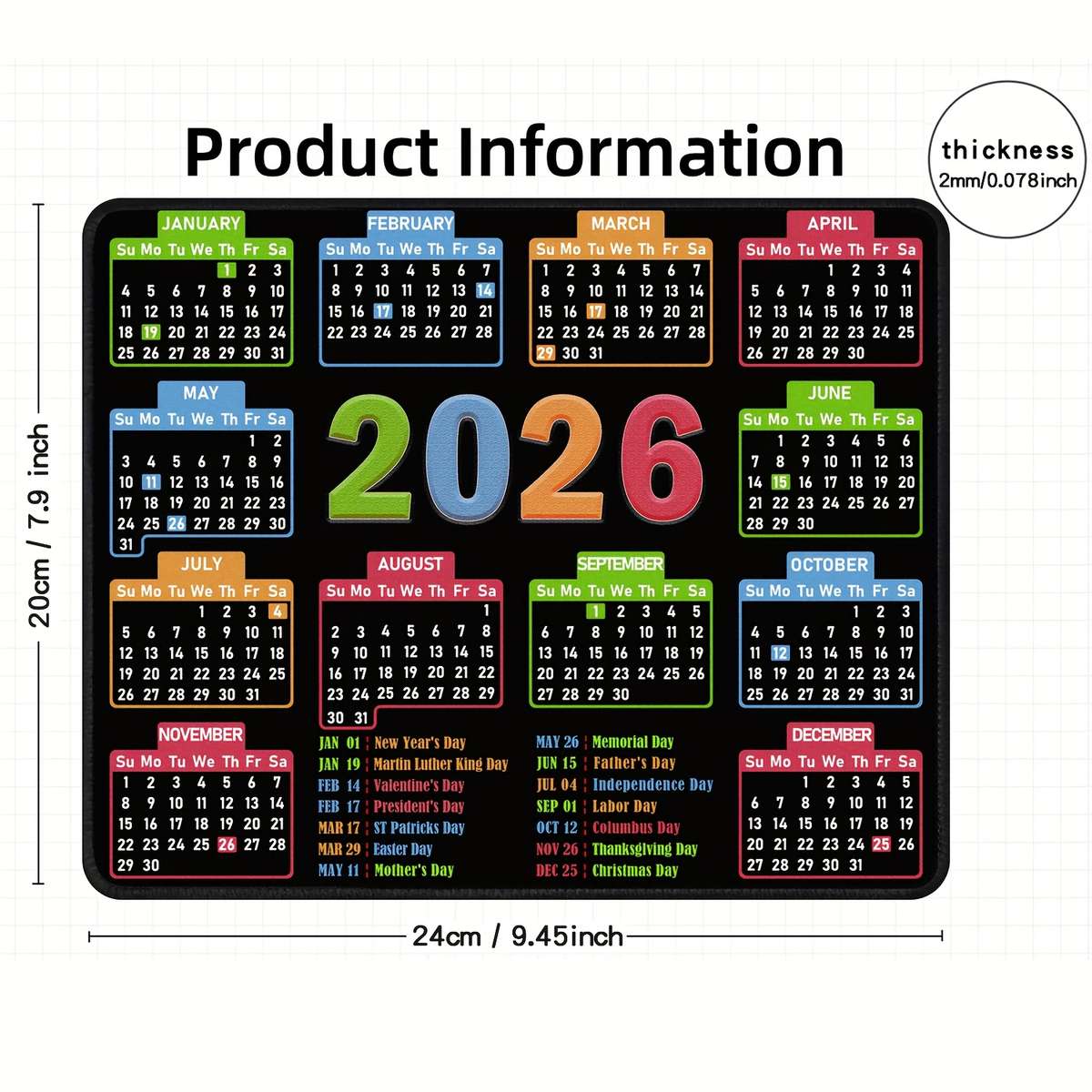 Classic Comfortable 2026 Calendar Mouse Slip Rubber For Office Desk 24X20Cm