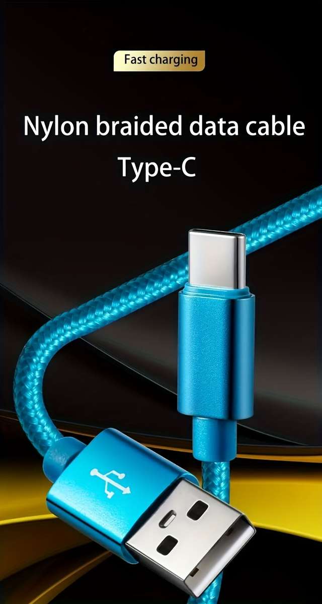 1pc  Type-C Fast Charging Cable 100cm Nylon Round Matte Finish Data Sync Female to Male 10-