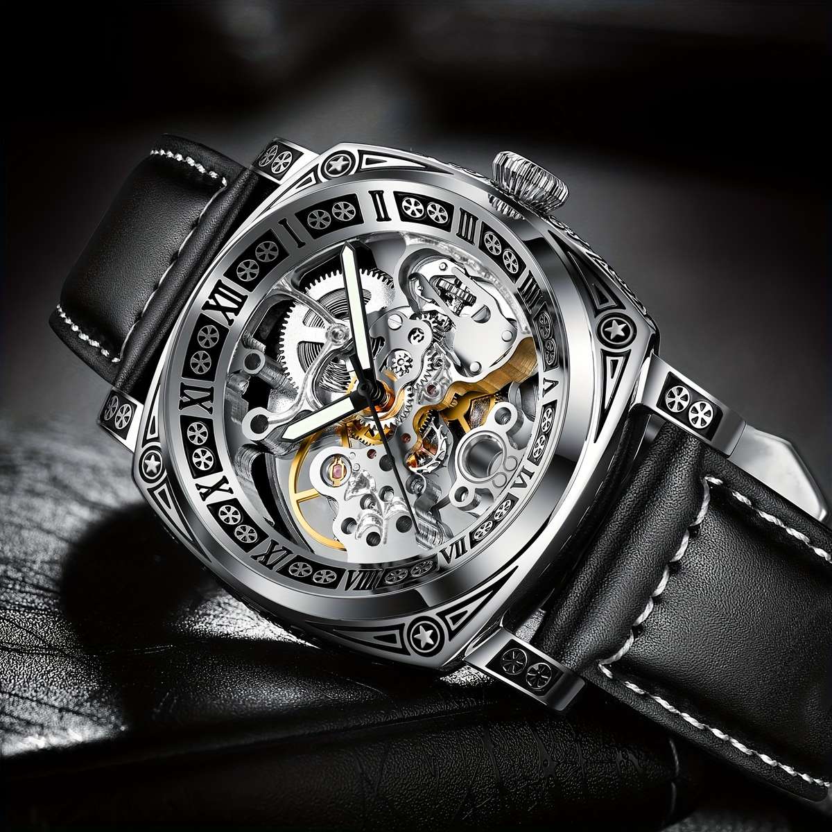Carved Automatic Watches For Men Tattoo Case Watches For Men