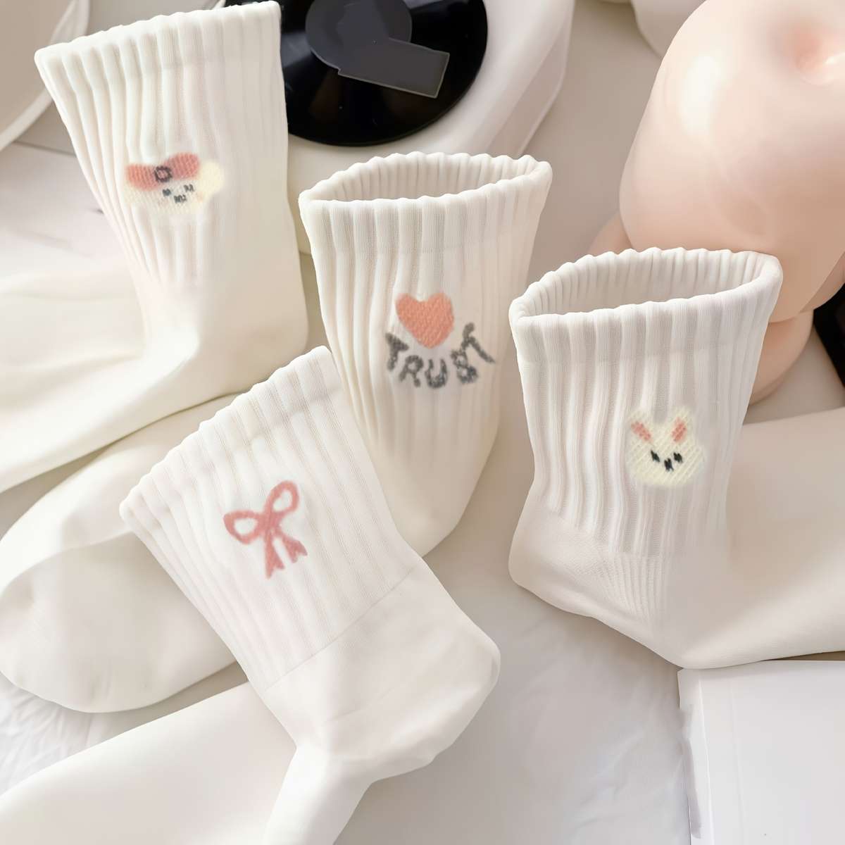 Women S Socks Items Pure White Cartoon 5 Pairs Pack