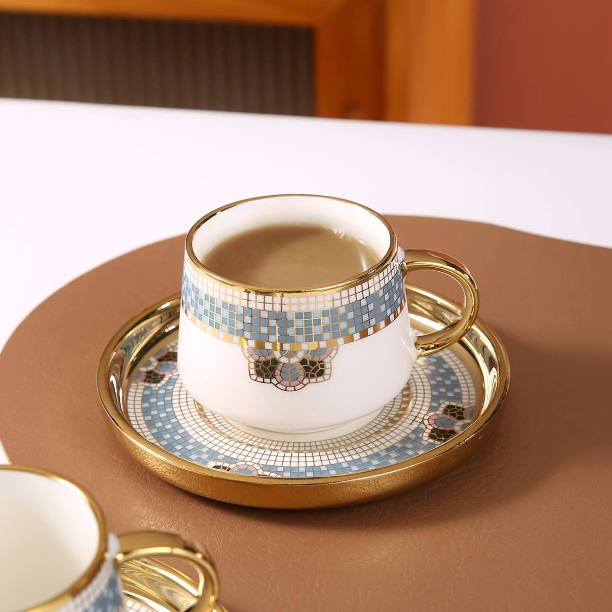 Water Cup Capacity 170Ml 574Oz Gold Rimmed Checkered 6 Cup Saucer