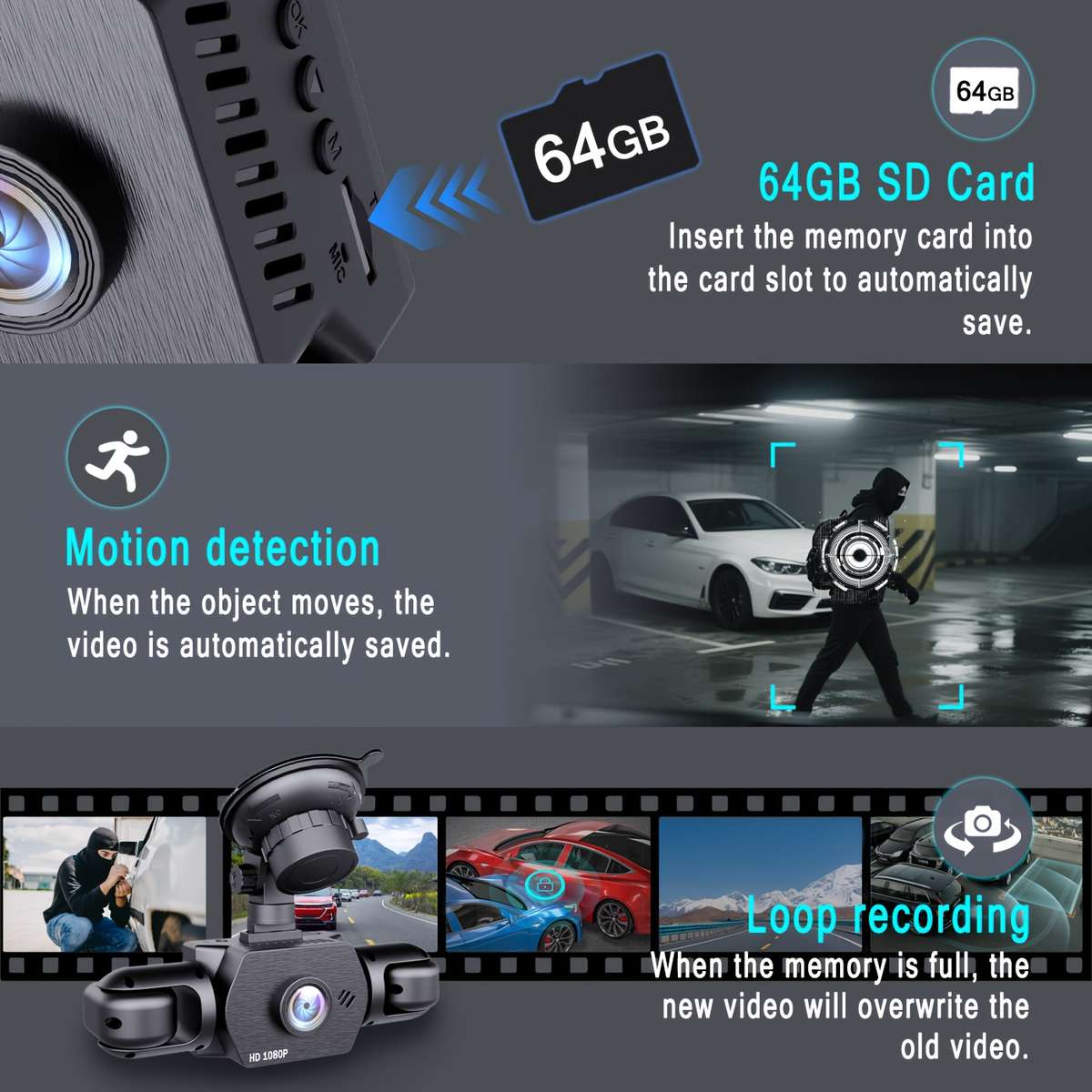 Channel Dash Cam Front Left Right Rear Cameras Adjustable Multi Angle Cm 1080P