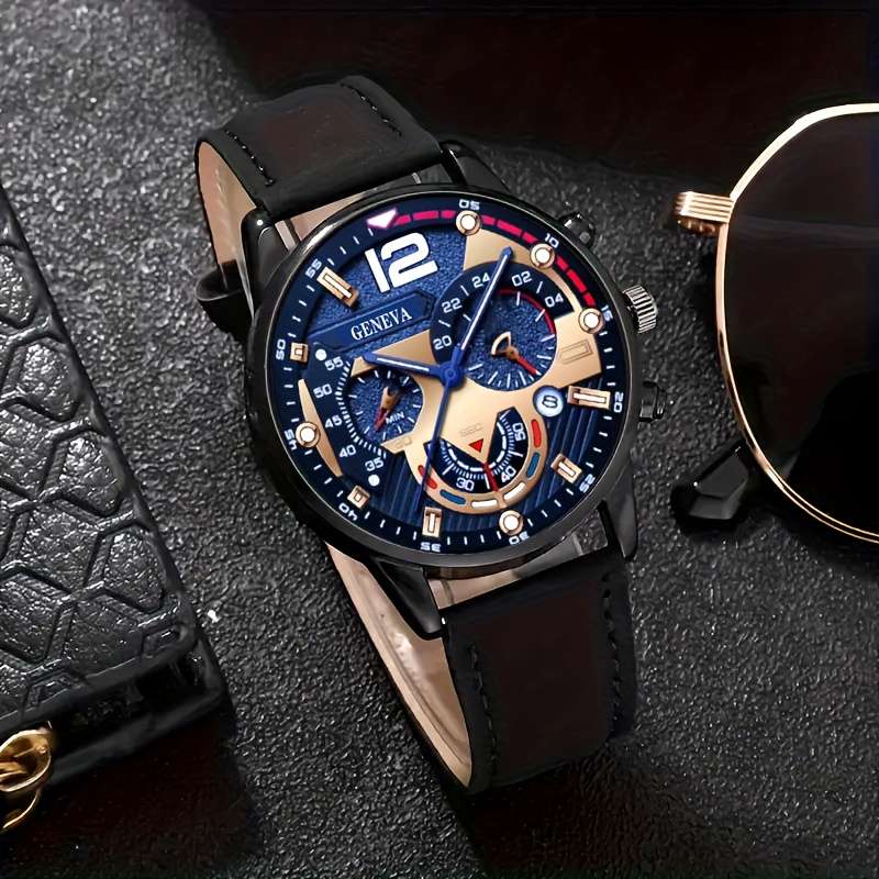 4Pcs Men Luxury Analog Watch Jewelry Suite With Calendar Quartz Movement