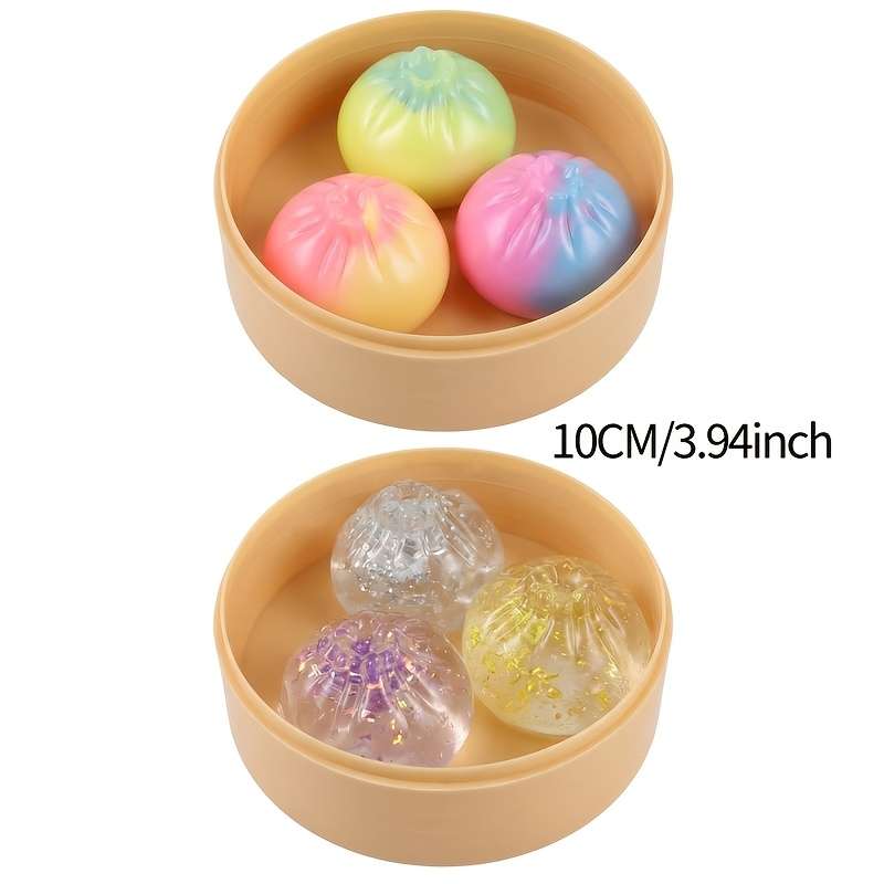 Squeezable Toys Items Type A 5 Piece Set 3 Steamed Buns In Random Colors 1 Lid 1 Steamer