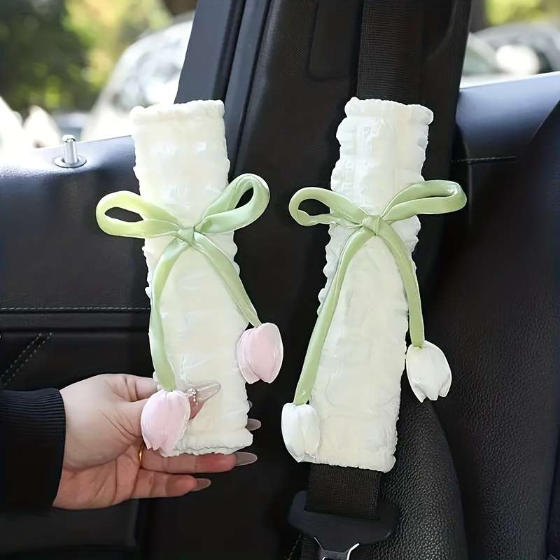 Car Seat Belt Covers 2Pcs Powder Add White