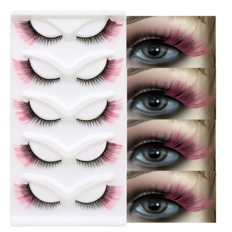 5 Pairs Fluffy 3d Mink Lashes Color Pink Eye Tail 07mm