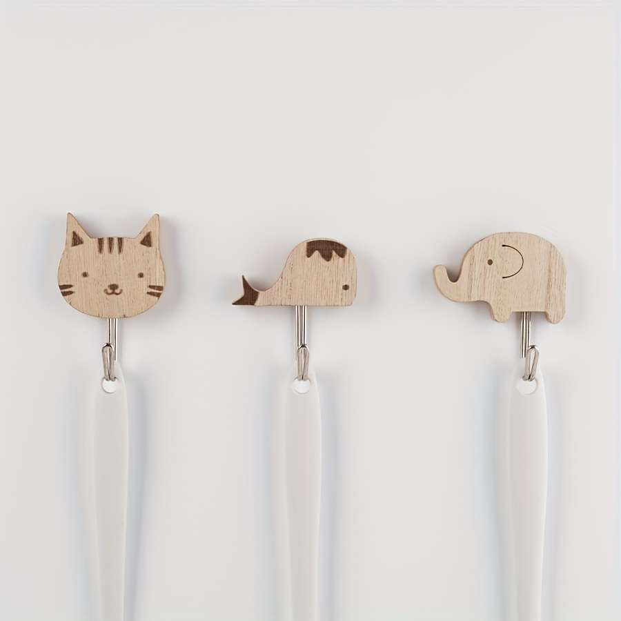 Wooden Animal Wall Self Sticky Hook For Keys Towels Etc color 2pc Elephant