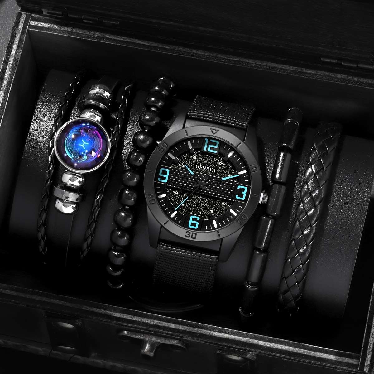 5Pcs Fashion Casual Elegant Round Retro Canvas Strap Quartz Men Watch
