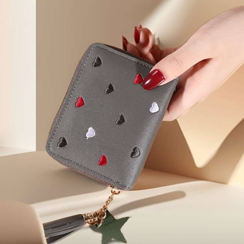 Honey Girl Short Wallet Heart Embroidery Zipper Closure Polyester Lining Unisex With M