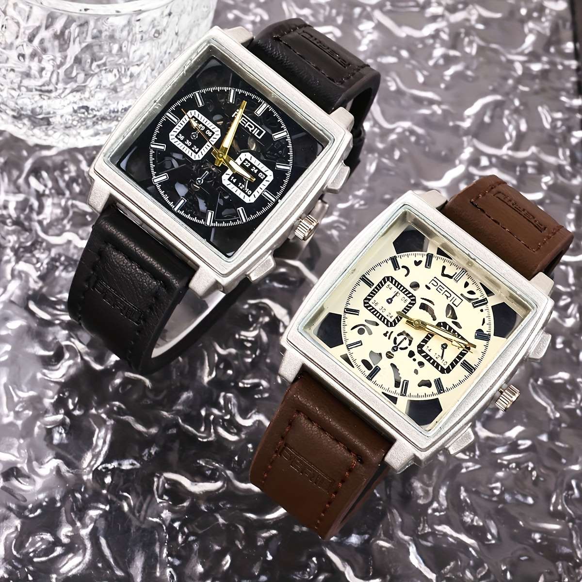 Men Quartz Watch Featuring Square Silvery Case With Hollow Design