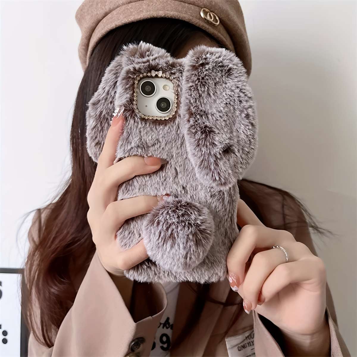 1Pc Grey For iPhone 16 Pro Max Cute Rabbit Plush Phone Case