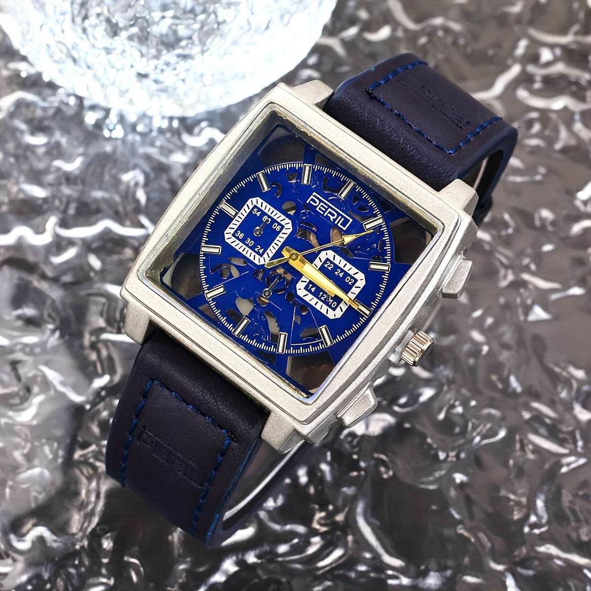 Men Quartz Watch Featuring Square Silvery Case With Hollow Design