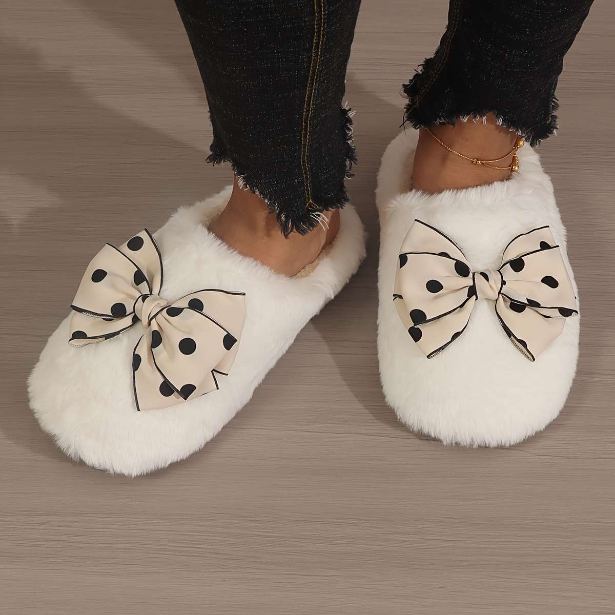 Cotton Slippers Color Softsoled Cotton Shoes Whitepolka Dot Bow Sizeuk 6.5-7