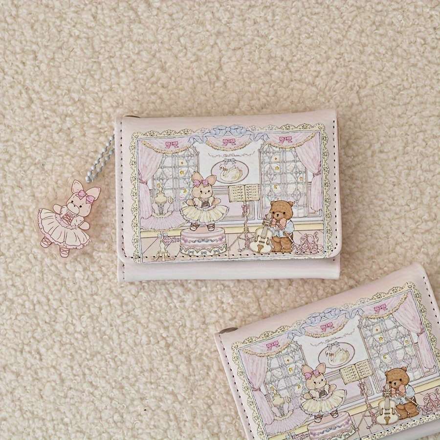 Cute Cartoon Design 3-Fold Wallet With Anti-Magnetic Features Multiple Card Slots Zipper Clos