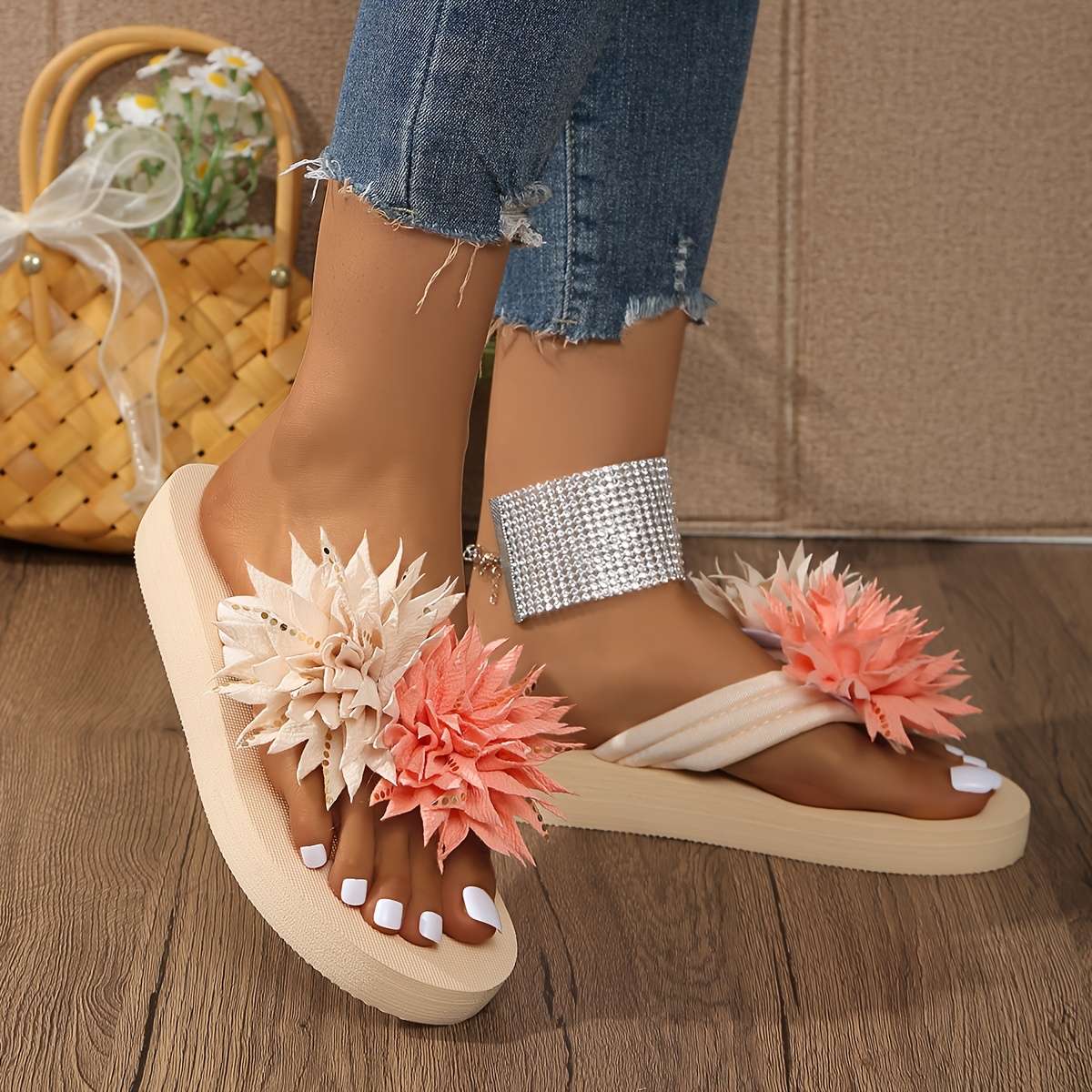 Ladies Summer Flip Flops Beige Uk 5