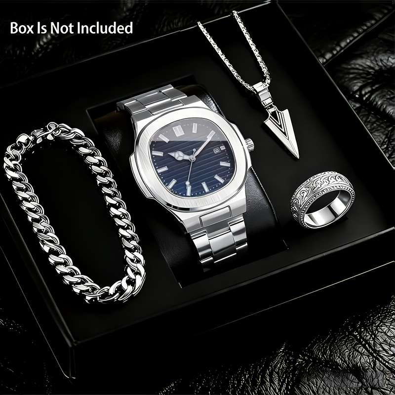 4Pcs Fashion New Men Luxury Quartz Watch Square Dial With Calendar