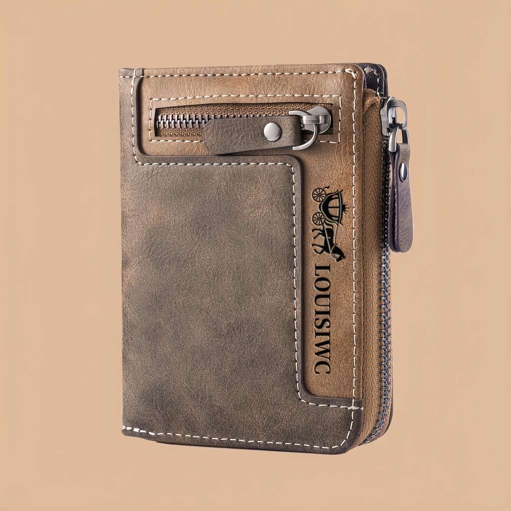 Men'S Vintage Faux Leather Walletcompact Casual Style With Zipper Closure Multi-Card Slots