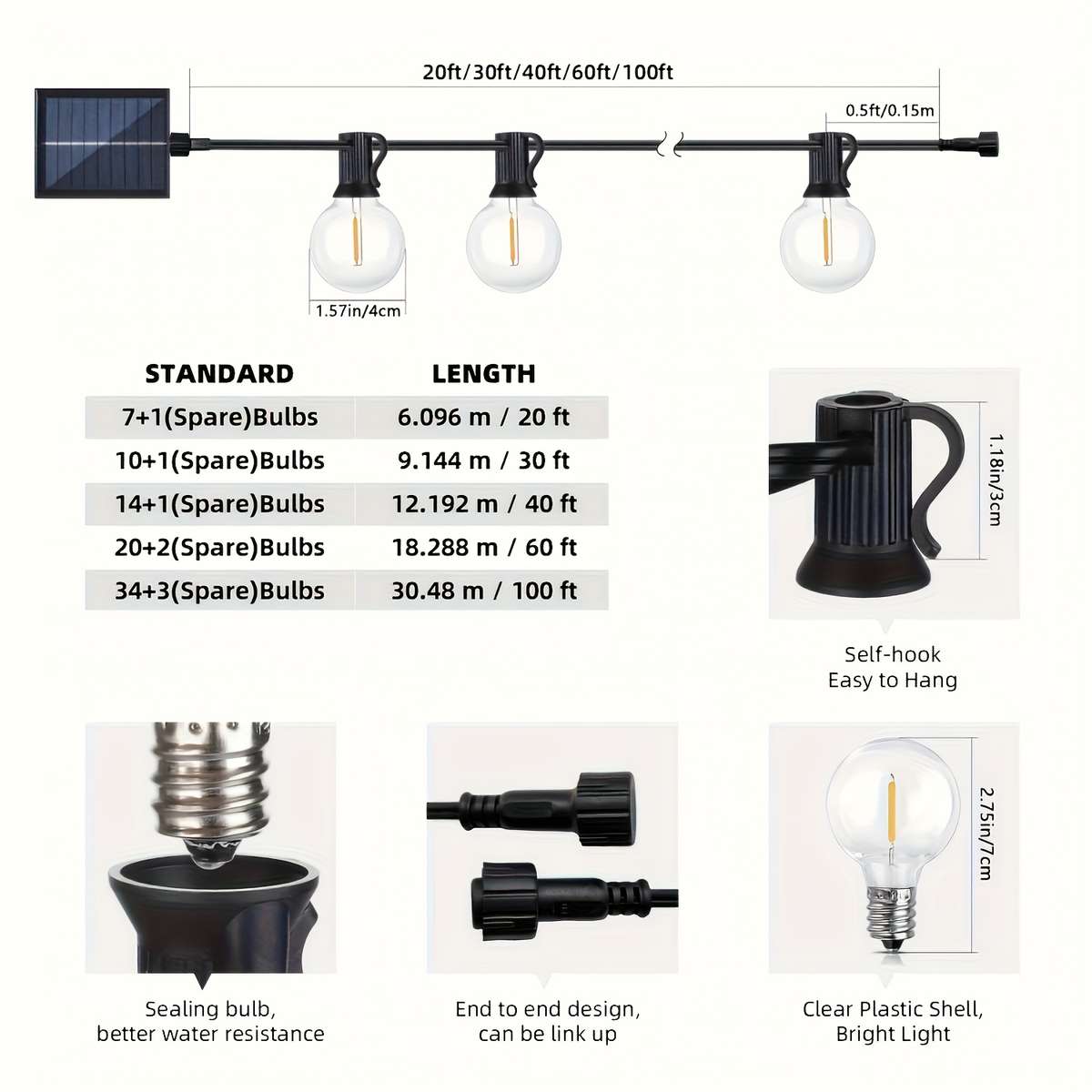 String Lights Quantity 20Ft 6.1M 7 1 Bulbs Solar