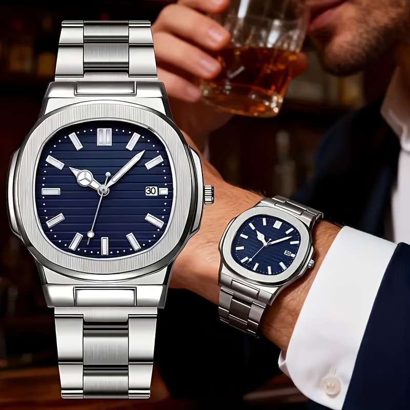 4Pcs Fashion New Men Luxury Quartz Watch Square Dial With Calendar