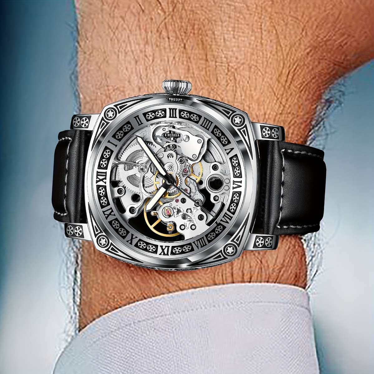 Carved Automatic Watches For Men Tattoo Case Watches For Men