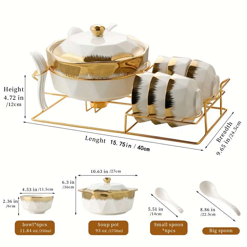 Bowl Color White 1 Soup Pot  1 Iron Rack  6 Bowls  7 Spoons