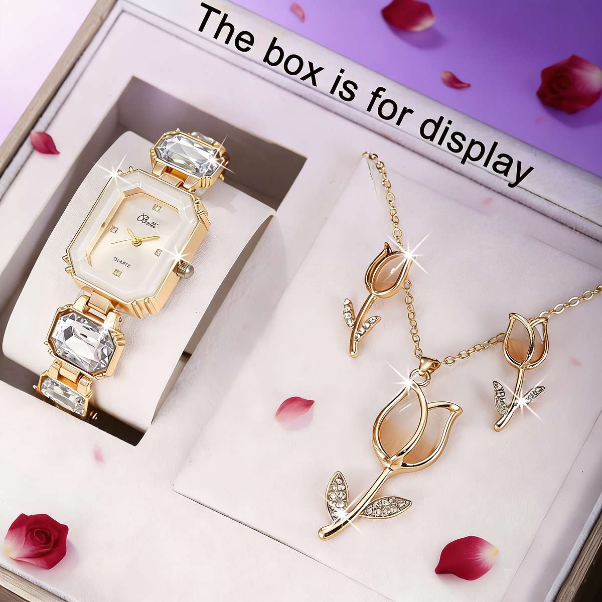 4Pcs Women Watch Square Alloy Case Bracelet Paired Tulip