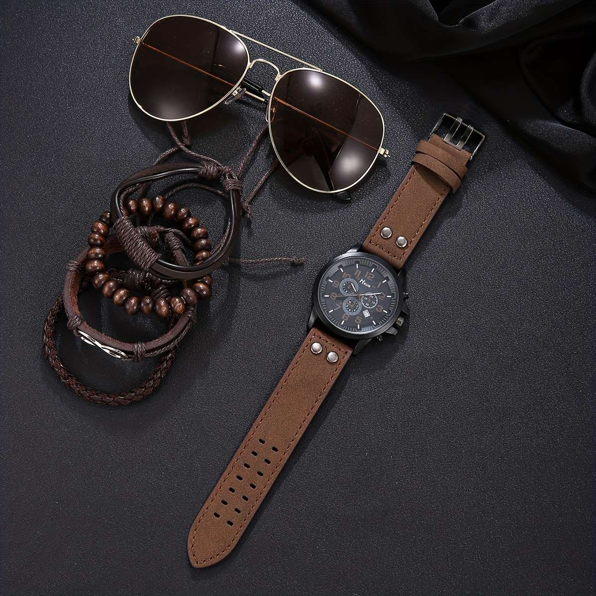 3PCS Stylish Cool Luxury Watch Set Men Sophisticated Andcolor Brown