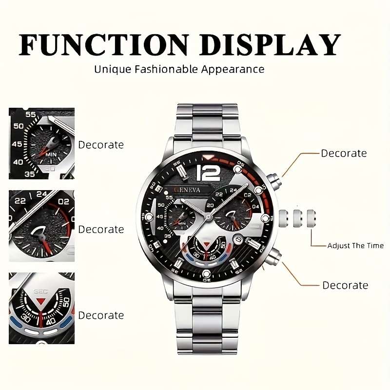 4Pcs Classic Quartz Men Watch Zinc Alloy Case Faux Leather And
