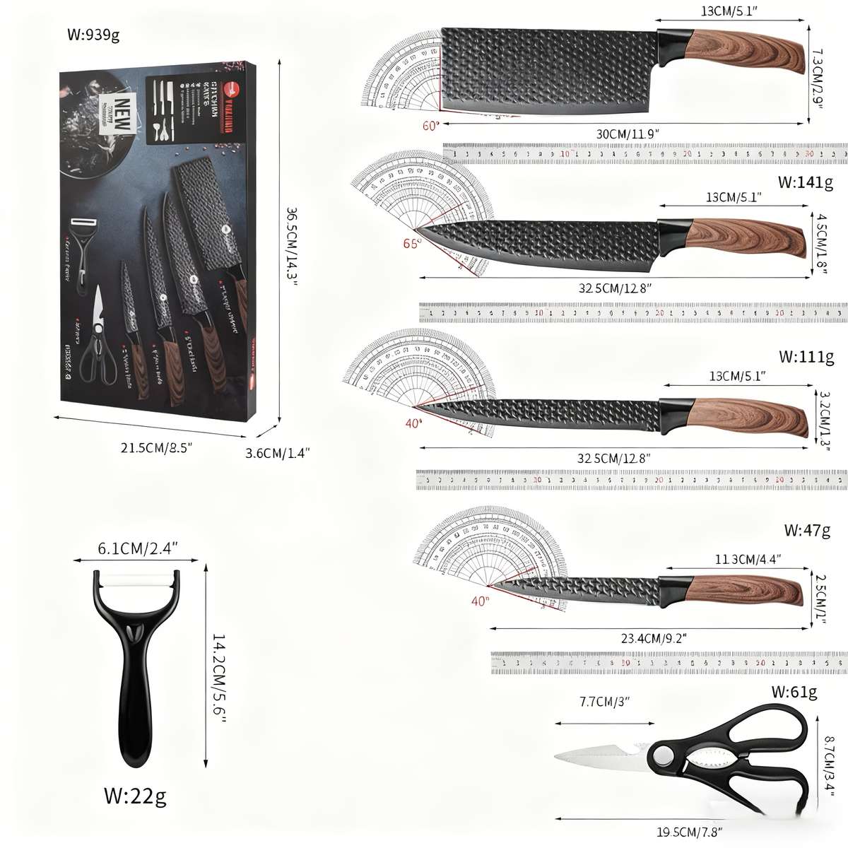 6PCS Heavy Duty Kitchen Knife Set With Wood Grain Blade Full Tang 304
