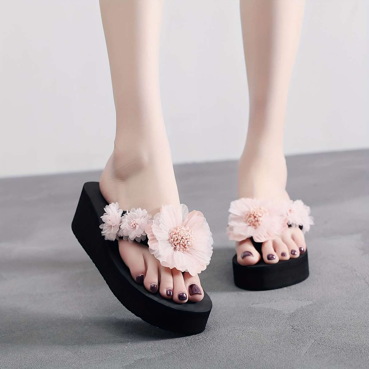 Ladies Summer Flip Flops 5Cm Huarache Gray Flowers Uk 3.5