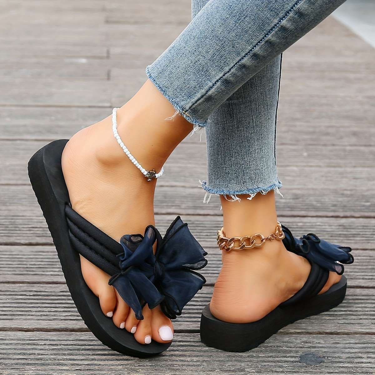 Ladies Summer Flip Flops Navy Blue Uk 4