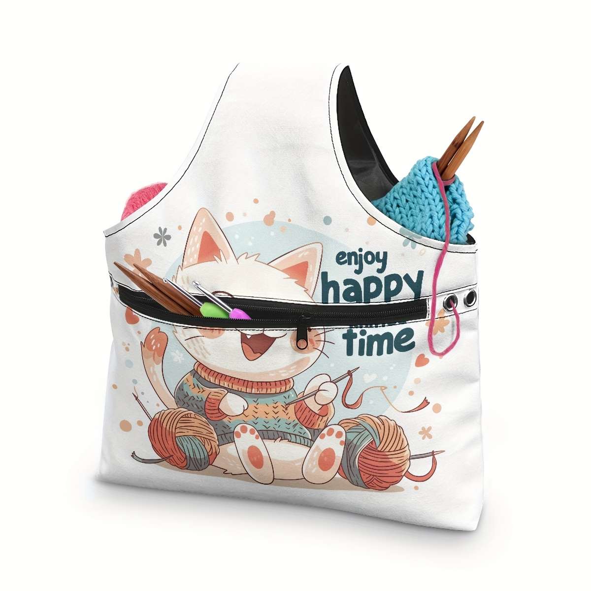 Cute Cat Crochet Yarn Storage Bag Blue