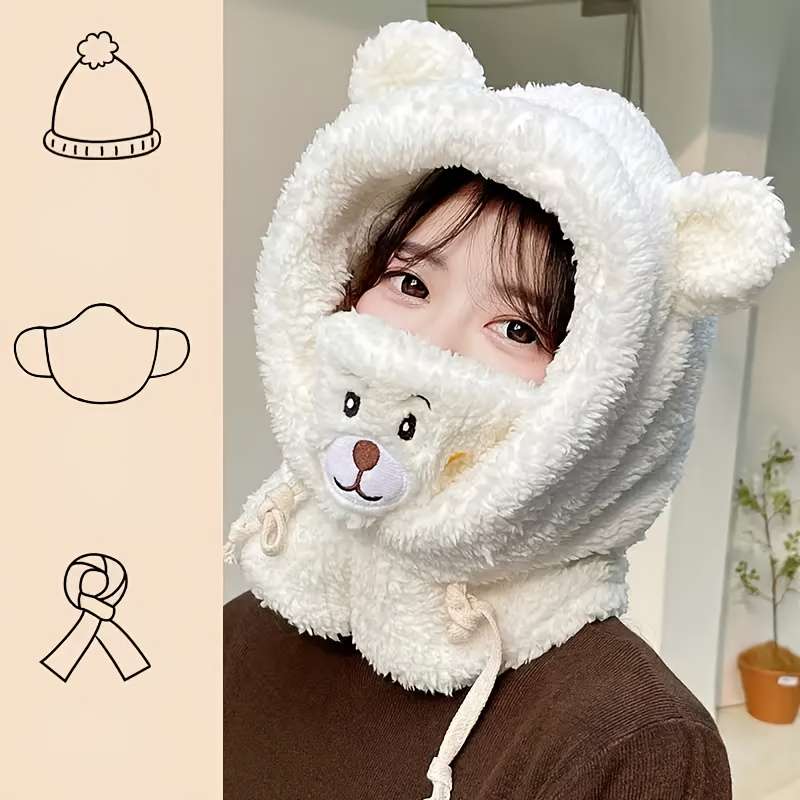 Hat Color Bear Mask Cap  White