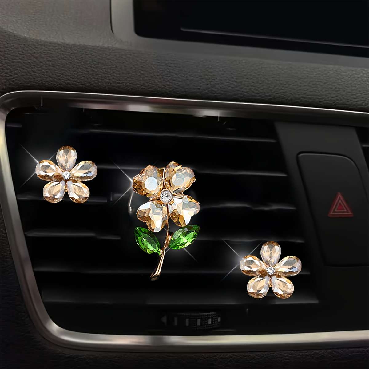 Car Interior Decor Items 3 Pieces Of Bright Red Four Leaf Flower  Add  Two Crystal Flowers