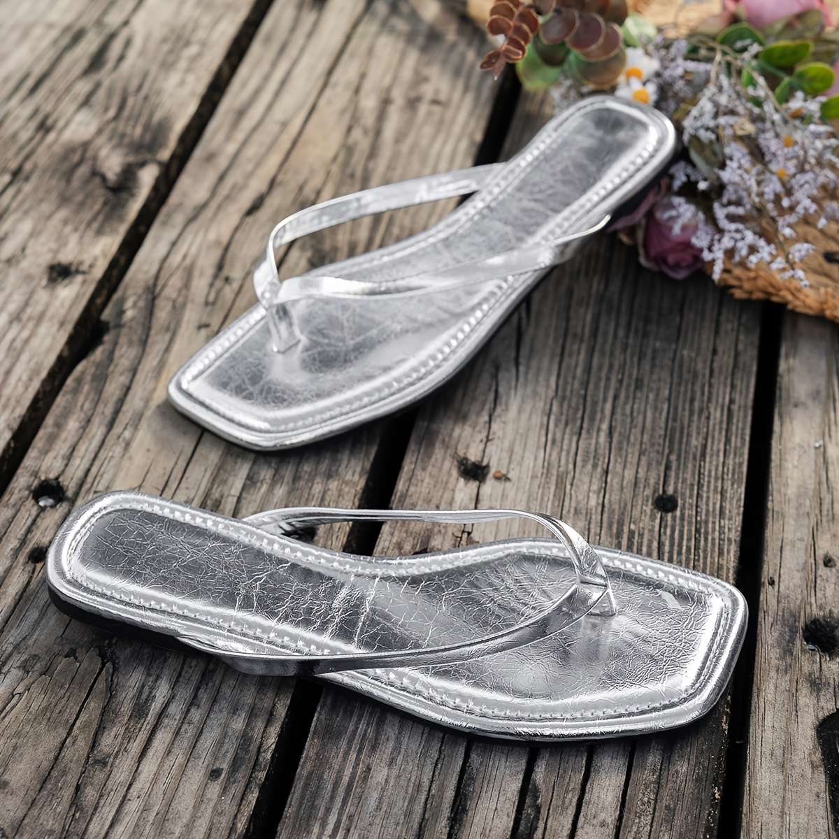 Ladies Summer Flip Flops Silvery Uk 2