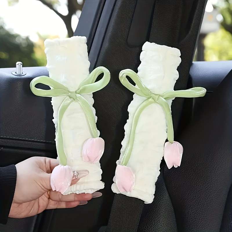 Car Seat Belt Covers 2Pcs Powder Add White