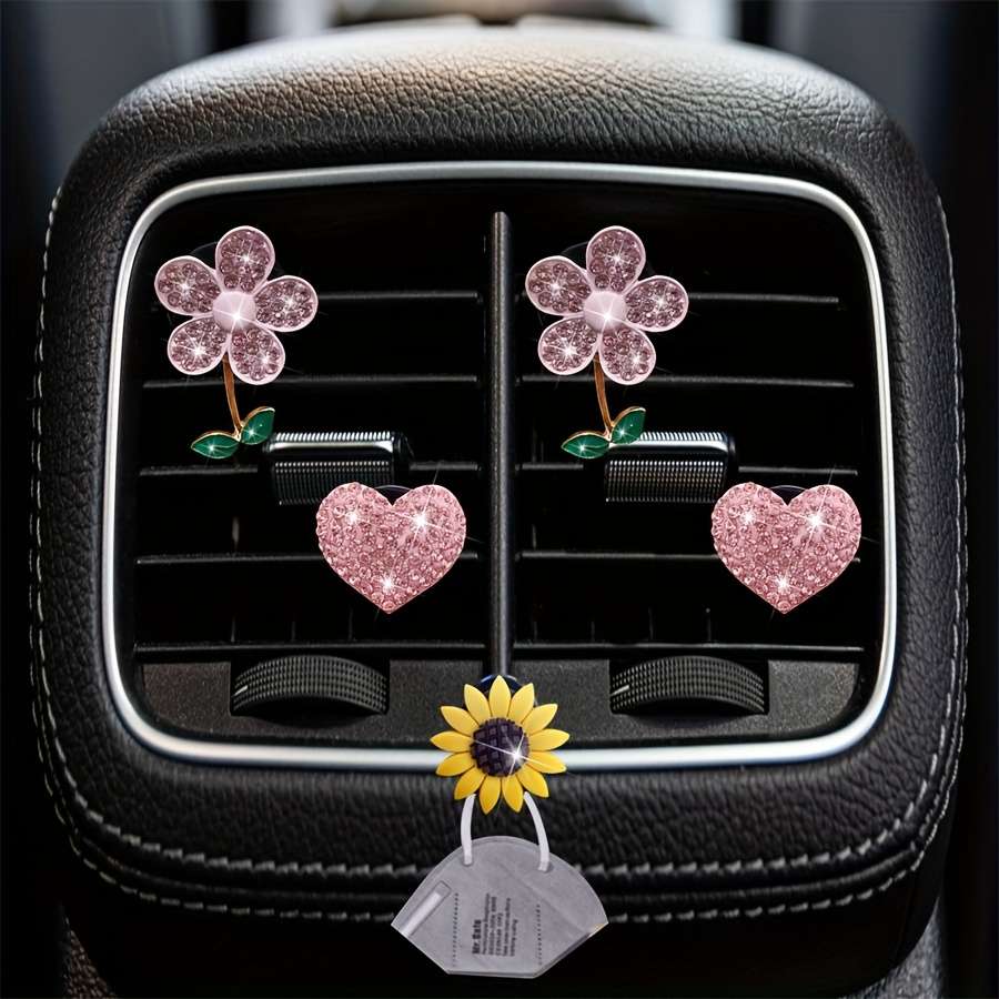 Car Interior Decor Items 4 Pieces Of Pink Flower  Add  Heart