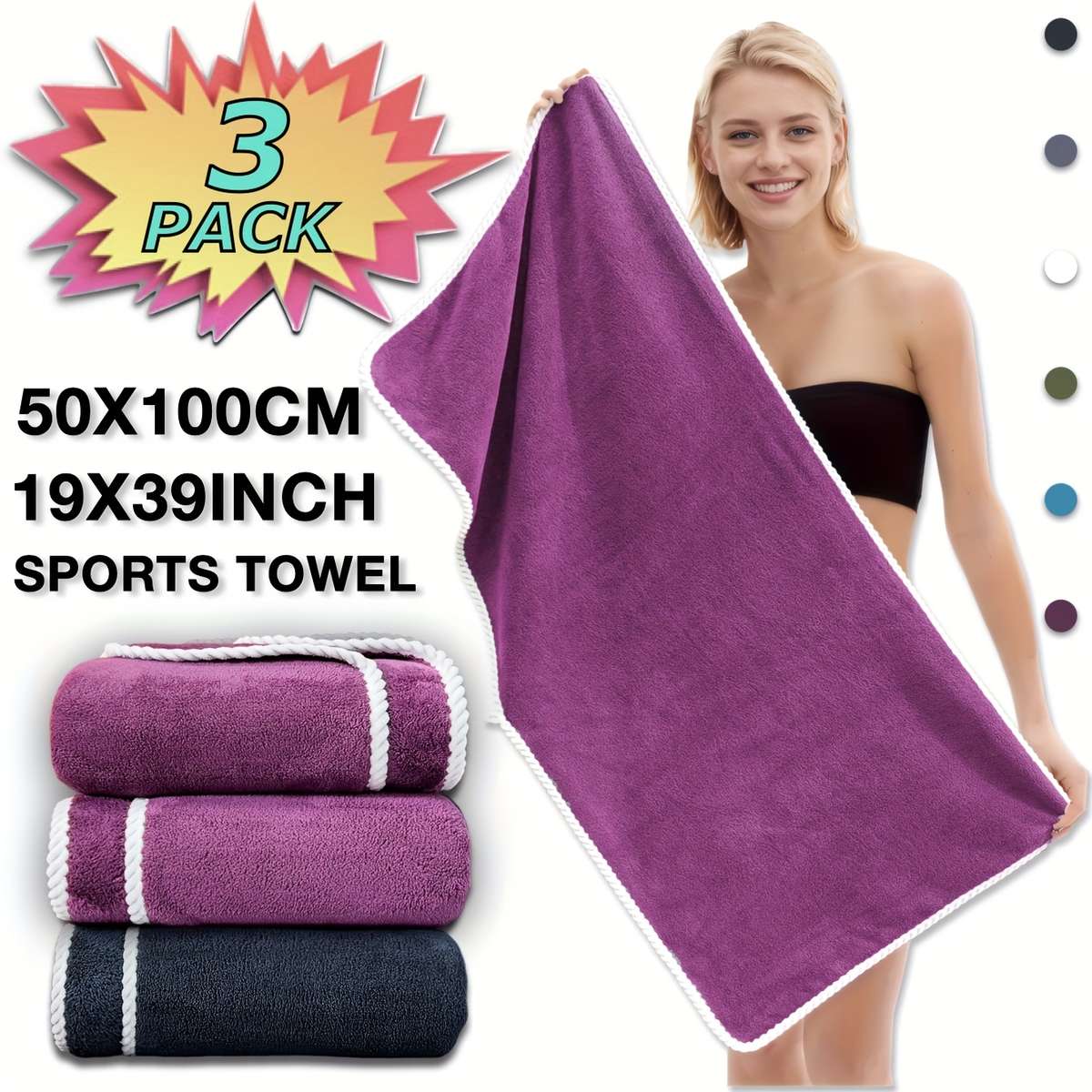 Towel Color 2 Purple And 1 Black 3 Strips Of 50*100Cm