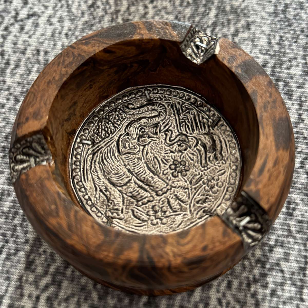 Vintage Wooden Ashtray With Metal Accent Elegant Retro Accessory Suitable Round