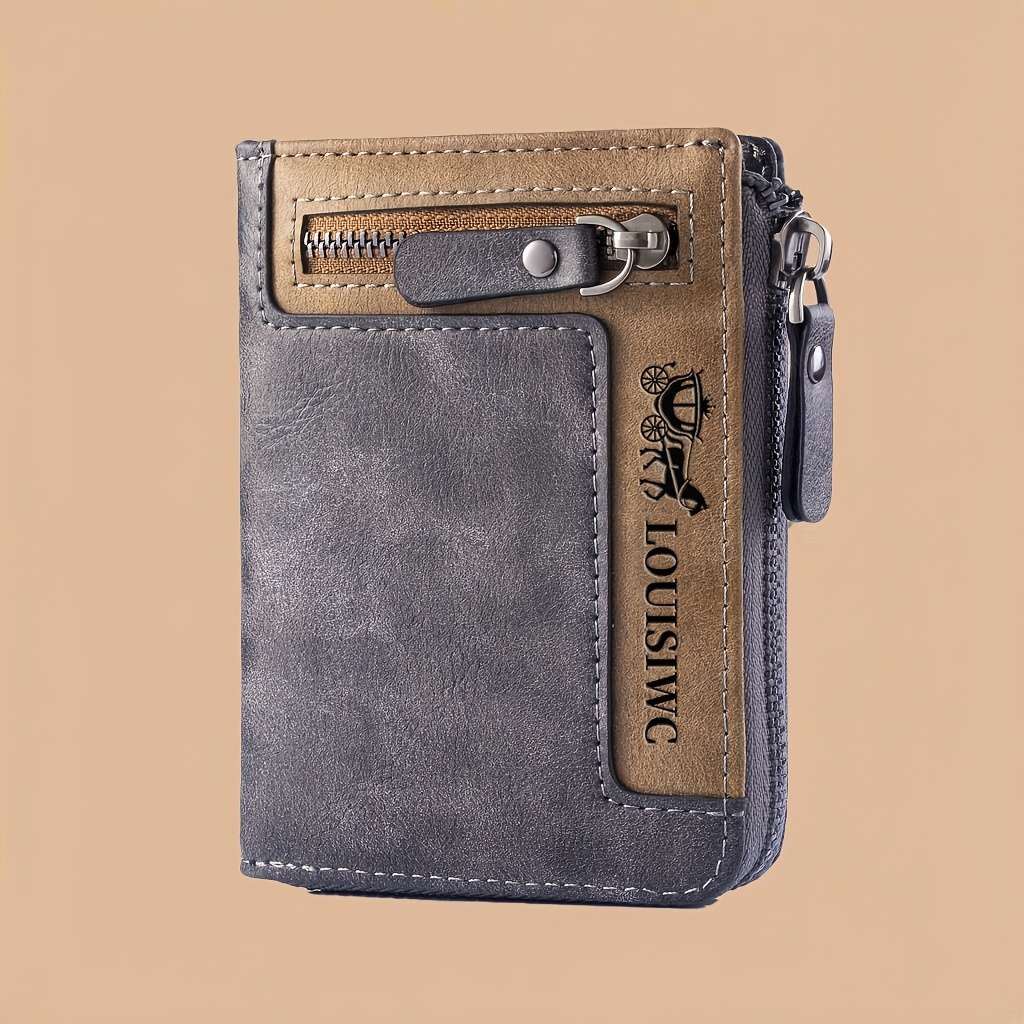 Men'S Vintage Faux Leather Walletcompact Casual Style With Zipper Closure Multi-Card Slots