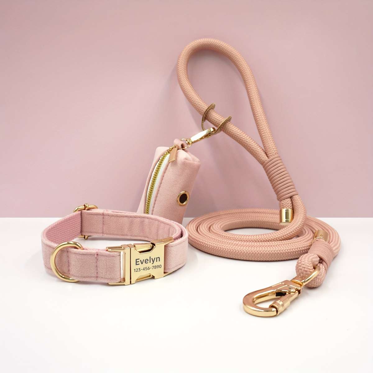 Dog Leash Color Light Pink Velvet Round Rope 3Piece Set Size Xl