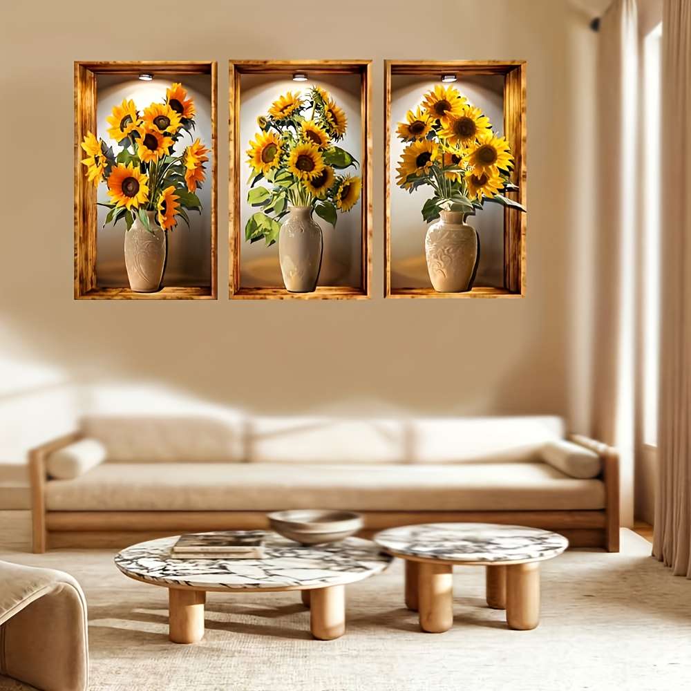 3PCS Vintage Oil Resistant Sunflower Vase Stereoscopic Effect Wall Sticker